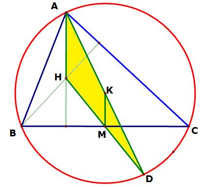 * Gọi A là điểm đối xứng của A qua K thì AA là đường kính của đường tròn ngoại tiếp tam giác ABC.
