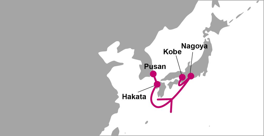 EAST ASIA JP1: Japan Pusan 1 S/B HKT NGO UKB PUS 1 4 5 Pusan SAT/SAT Pusan New Port Co Ltd / PNC Hakata SUN/SUN Island City Container Terminal Nagoya WED/THU Nagoya