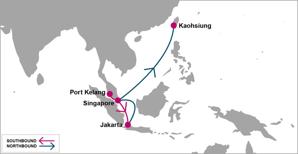 EAST ASIA TWI2: Taiwan Indonesia Service 2 Port Kelang MON/TUE North Port S/B JKT N/B KHH PKG 3 JKT 7 SIN 1 SIN 4 Singapore WED/THU PSA Singapore Jakarta FRI/SUN JICT