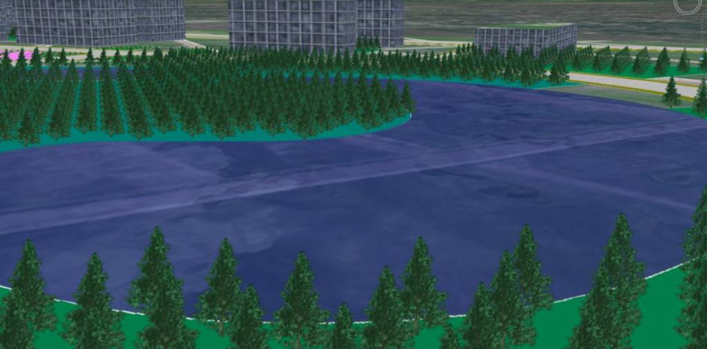 99 3.3.3.3. Thủy hệ Từ CSDL mặt nước được chuyển đổi vào Mô hình thành phố. Trên phần mềm cho phép chọn màu tô hoặc hiệu ứng nước. Hình 3.