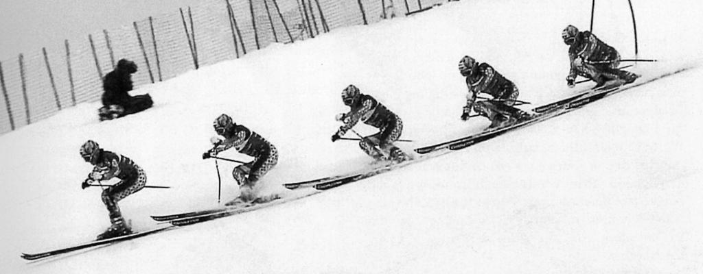 32 На кантах Рис. 4.6. Итальянка Дебора Компаньони завершает поворот слалома-гиганта, перемещая давление с передней части ее внешней лыжи к пятке.