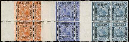 706 706 C 1914 26, watermark simple cypher, 5c on ½d to 1p on 10d, six values, (lacking later 3c and 40c), overprinted SPECIMEN (type GB26 5c and 10c, or GB23), all in matching left marginal blocks