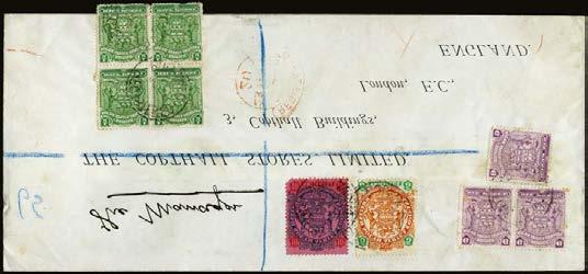 797 797 E 1909 Registered cover addressed to England bearing 5s. chestnut and emerald (Die II) 10s. slate and vermilion/rose (Die II), ½d deep green (4) and 6d.