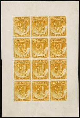 ST KITTS-NEVIS NEVIS 813 814 813 C 1871 78 Litho printing 4d orange yellow, complete IMPERFORATE PROOF SHEET OF TWELVE (3x4) on ungummed medium wove paper from transfer 4 (15 Feb 1878 printing);