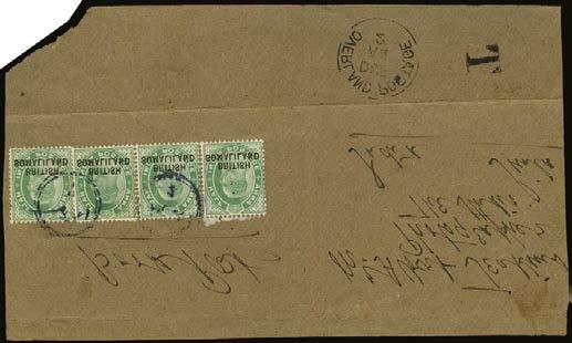 841 841 C 1903 KEVII ½a green with overprint at foot, four examples used on large part manila book post wrapper to Simla India, tied by two 22mm double ring cancels which are not legible but