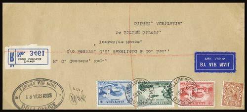 Harbour Bridge 2d and 3d (faulty) and air mail 3d all cancelled by Darwin (28.Apr.) cds, alongside handstamped oval DUTY OFFICE / 19 APR 1932 / LYMPNE AIR PORT.