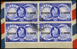 SG 20 37, 1,000 250 300 102 102 C 1949 2½a on 2½ UPU block of four on piece of airmail envelope with central Bahrain CDS, upper right stamp with Cyl. 2 no dot, R8/2 Lake in India.