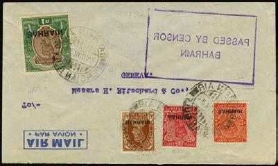 121 Illustrated at 90% 121 C 1939 (29 Nov) Airmail cover from Bahrain to Switzerland, franked KGV 2a vermilion, 3a carmine and 1r chocolate & green plus KGVI ½a red brown, tied by BAHRAIN AIR cds,