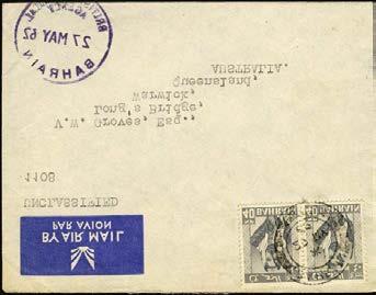 137 137 E Political Agency covers. 1962 airmail to Queensland 80np rate with British Political Agency violet cachets front and back; 1963 airmail (9 x 4 ) to UK 40np rate with H.M.