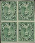 251 252 253 251 C 1859 12½c blue green, imperforate block of four, close to large margins. Unused without gum (as issued) with fine impression and lovely colour. A fine example of this rare block.