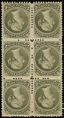 258 259 258 C 1868 76 5c olive green, perf 11¾ x 12 vertical block of six, part og. Fine vibrant colour of this scarce multiple. Vincent Graves Greene Certificate (2007).