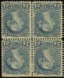 Scott 28, SG 60 500 600 261 C 1868 76 15c deep blue perf 12 block of four, well centred, full to part original gum, top left stamp with small patch of gum on face and minor bend.