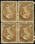 265 267 265 C 1870 90 6c yellowish brown, perf 12, block of four (slight perf separation) with large part og (lower pair unmounted). Wonderful colour and a remarkably well centred block.
