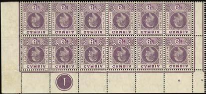 410 410 E 1909 6d dull and bright purple upper left pane marginal block of twelve with Plate number 1, top row showing SLOTTED FRAME and DENTED FRAME varieties, Superb unmounted mint.