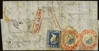 467 467 C 1855 entire letter addressed to Cheshire, England (via Southampton) bearing ½a. blue (Die II) & 4a. indigo and red 1st printing (Head Die I, Frame Die I) (2) making up the ½ oz.