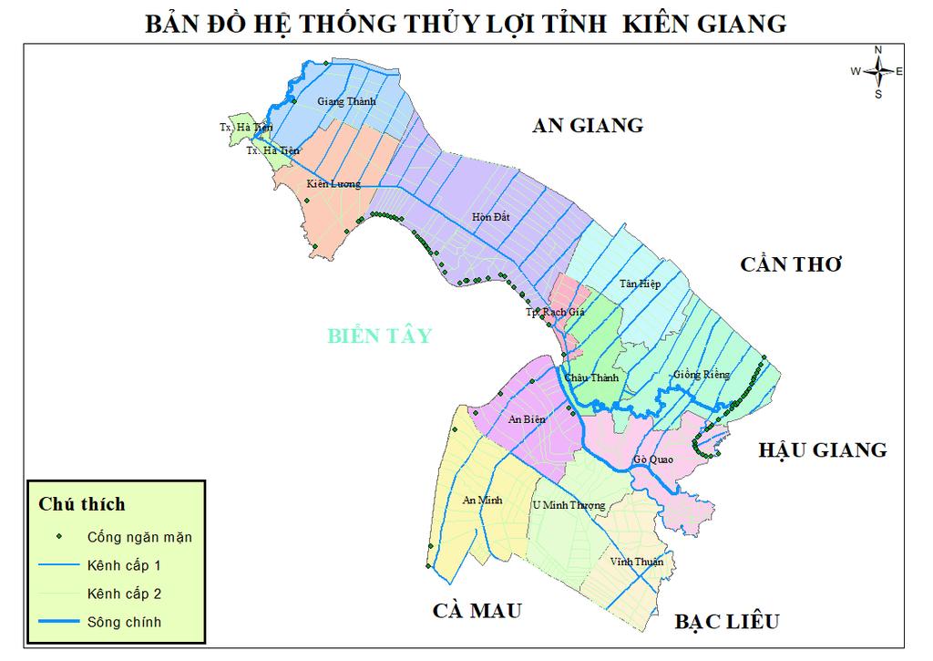 Tỉnh có hệ thống sông ngòi, kênh rạch dày với tổng chiều dài hơn 2.054,93 km bao gồm sông rạch tự nhiên (Cái Lớn, Cái Bé, Giang Thành) và kênh đào (Hình 5).