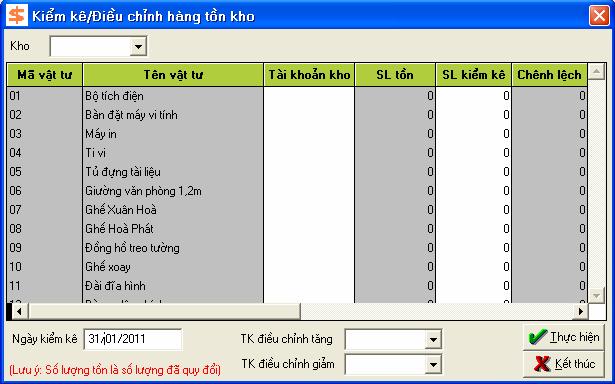 Phần mềm tự động cập nhật số liệu tồn kho vào cột SL tồn, người sử dụng chỉ cần gõ vào cột SL kiểm kê để tính số chênh lệch. 6. Nhấn chuột vào nút <<Thực hiện>>. 7.