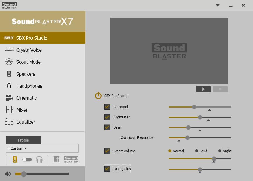 Настройки SBX Pro Studio Расширение возможностей звучания Можно отрегулировать уровень применения для каждого расширения, перетащив его ползунок влево для ослабления или вправо для увеличения эффекта.