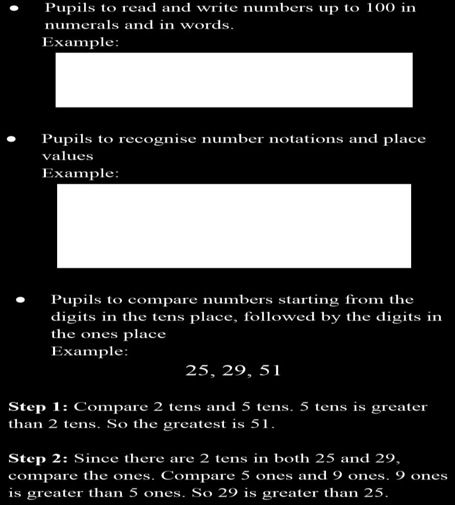 tens The relative value of a number can be known through comparing numbers Pupils to count up to 100 Pupils to