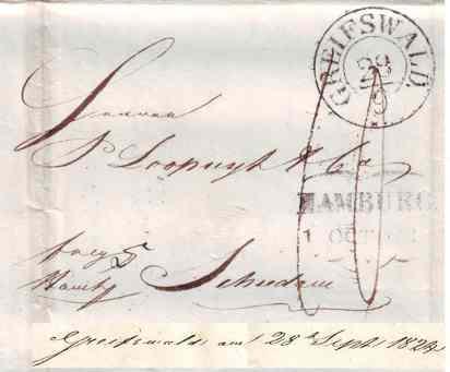 Abb. 7: Greifswald 28. Sep. 1824 nach Schiedam, Frey Hamburg mit 5 Sgr bezahlt.