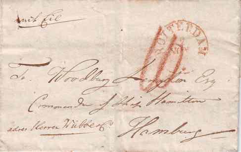 Abb. 9: Rotterdam 2. November 1831 an den Schiffskapitän Woodbury Longdon in Hamburg via Schiffsmakler Wübbe & Co. In Hamburg wurden 10 Sch bezahlt.