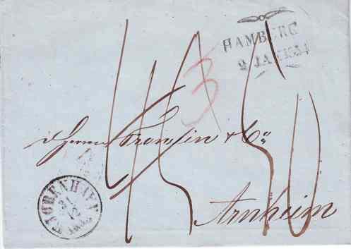 Abb. 17: Kopenhagen 31. Dec. 1853 nach Arnheim. Von der Hamburger Stadtpost gestempelt: HAMBURG/2 JAN 1854.