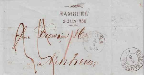 In Altona gestempelt ALTONA 3/6 1855. In Hamburg vom Dänischen Büro gestempelt: K.D.O.P.A.HAMBURG 3/6. In Hamburg von der Stadtpost gestempelt: HAMBURG/3 JUN 1855. Ab 1.
