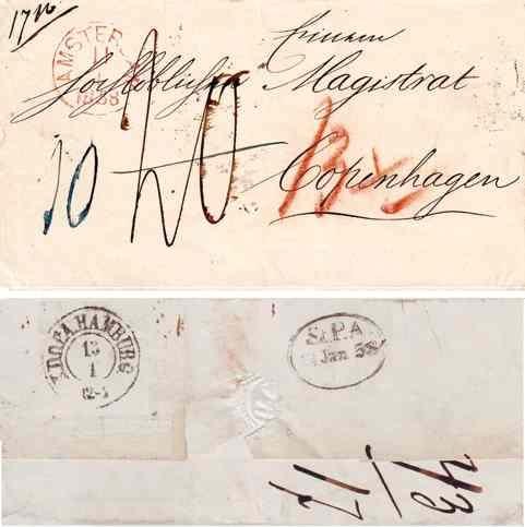 Abb. 21: Amsterdam, 11. Januar 1858 nach Kopenhagen via Hamburg dort zweimal gestempelt. Doppelter Brief 15-30 Gramm: 17 v (gram).