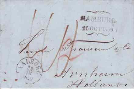 Dänischer Teil 2 x 2 Sgr oder 17 Sk. Zusammen 43+17 = 60 Sk. Abb. 22: Aalborg (DK) 23. Oktober 1859 nach Arnheim via Hamburg. Unfrankiert.