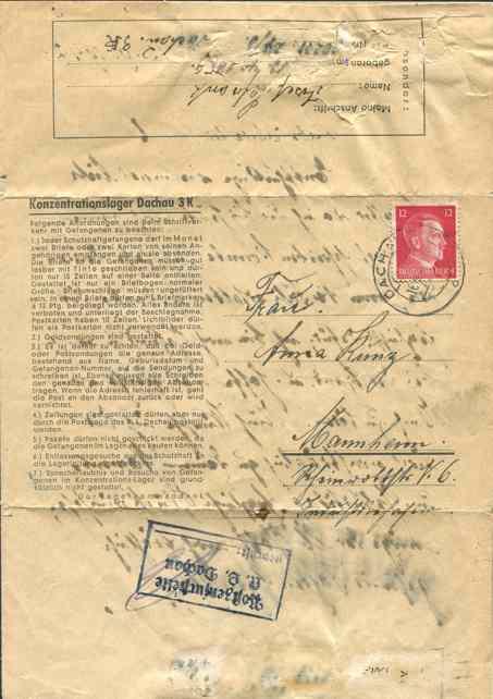 Abb. 4 Dachau, 12.9.1942 Liebe Schwester Anna! Entschuldige vielmals liebe Schwester da ich Dir bis heute noch keine Antwort schreiben konnte, ich habe Deinen Brief vom 14 Juli erhalten u.