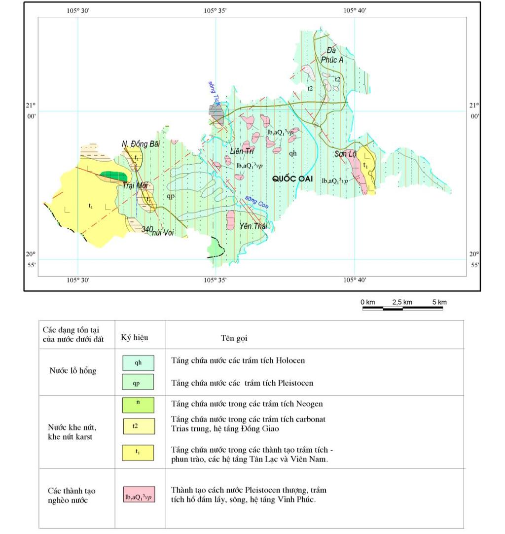 Hình 2.12. Bản đồ địa chất thủy văn huyện Quốc Oai 2.3.1. Tầng chứa nƣớc trong các trầm tích Holocen (qh) 2.3.2. Tầng chứa nƣớc lỗ hổng trầm tích Pleistocen dƣới-trên qp 2.3.3. Tầng chứa nƣớc trong trầm tích Neogen 2.