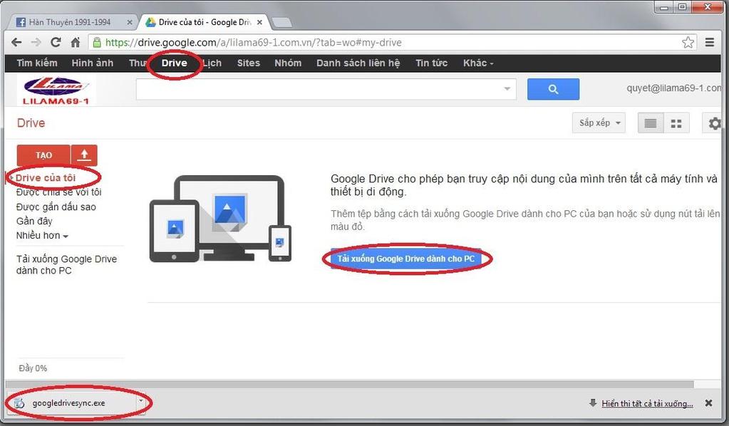 + Bấm tải xuống Google dành cho PC (Đối với máy tính), sẽ tải được file googledrivesync.exe như hình dưới - Cài đặt phần mềm googledrivesync.