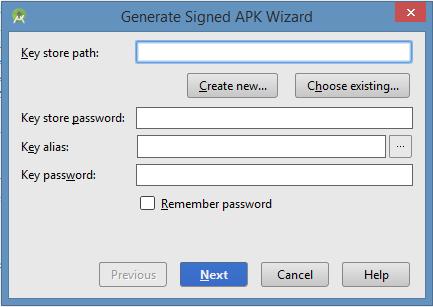 Nhập key store path, key store password, key alias và key password để bảo vệ ứng dụng