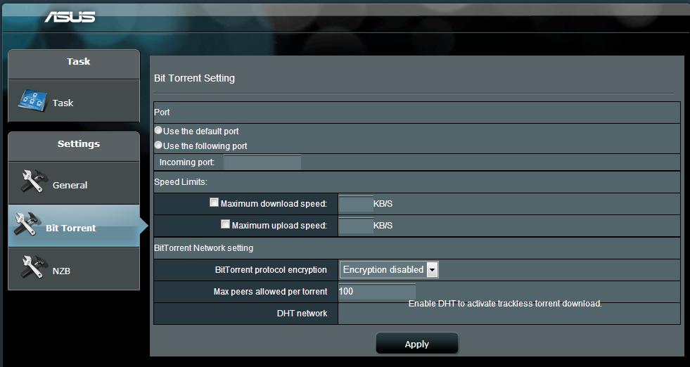 Từ bảng điều hướng của Download Master (Máy chủ tải về), nhấp Bit Torrent để bật trang Bit Torrent Setting (Cài đặt Bit Torrent). 2.