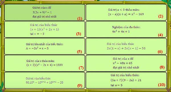 Đề thi Violympic Toán lớp 8 vòng 1 năm 015-016 Bài 1: Sắp xếp các giá trị theo thứ tự tăng dần Bài : Vượt chướng ngại vật Câu.1: Giá trị của x thỏa mãn: (5x - )(3x + 1) + (7-15x)(x + 3) = -0 là: A.