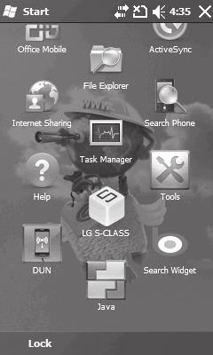 Image Menu Description Java LG S-class Tools DUN Search Widget Help Internet Sharing Windows Live Opens the folder containing the preloaded apps, like Mobile Banking and Mobi4Biz.