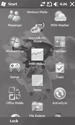 Using the Start Menu Image Menu Description Office Mobile File Explorer Help MSN Weather MSN Money Notes Games ActiveSync Windows Media Opens the folder containing the MS Office Mobile applications