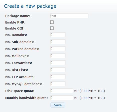 Tại giao diện tạo package mới, qui định các thông số cho package theo nhu cầu sử dụng : Package name: tên gói Enable PHP/CGI: bật PHP/CGI No. Domains: số lượng Domain No.