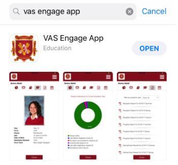 Cài đặt Đối với hệ điều hành ios Tại khung Tìm kiếm nhập vào tên ứng dụng VAS school app để cài đặt.