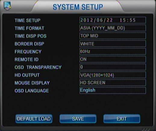 2.3 Cài đặt hệ thống: Cài đặt thời gian hệ thống: Chọn SYSTEM trong menu chính sau đó vào SYSTEM SETUP để vào giao diện cài đặt hệ thống. Hình 17: Giao diện cài đặt hệ thống.