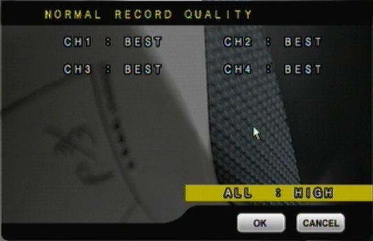 E-2. ALARM RECORD QUALITY Chọn chế độ ghi khi có alarm LOW/ MEDIUM/ HIGH/ BEST, Ấn all nếu muốn đặt cho tất cả các camera cùng một kiểu. F.