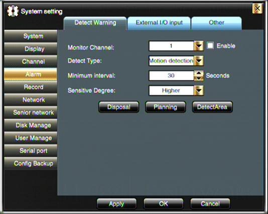 Monitor channel: Lựa chọn kênh dò tìm, Thiết lập chỉ được thực hiện sau khi đánh vào dấu enable Detect type: cảnh báo khi có chuyển động, cảnh báo camera mất hình Minimum