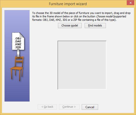 Sauk hi đã tải mô hình bền ngoài về máy, trên thanh công cụ bạn chọn Furniture > Import Furniture để khởi động hộp thoại sẽ giúp bạn lựa chọn các tập tin mô hình 3D.