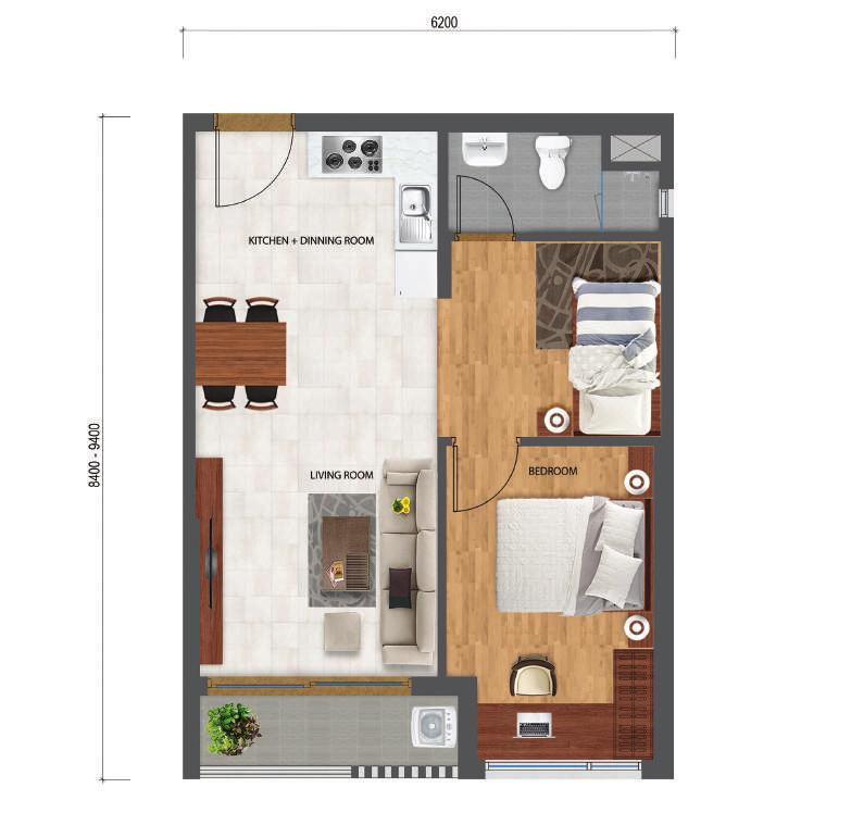 1+1 Phòng ngủ Bedroom LOẠI TYPE 1 Tầng 2 Tầng 3-16 Mã căn Unit o. D1.02.02 Tầng Floor 2 Diện tích tim tường Floor area (m2) 53.