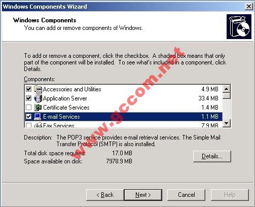 Add/Remove Windows Components bạn chọn tiếp mục Email