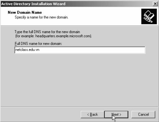Hộp thoại NetBIOS Domain Name, yêu cầu bạn cho biết tên domain theo chuẩn NetBIOS để tương thích với các máy Windows NT.