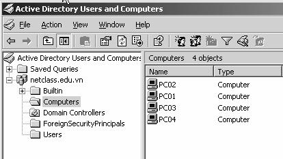 ta sẽ khảo sát hết các tính năng trong công cụ này. Công cụ này có chức năng tạo và quản lý các đối tượng cơ bản của hệ thống Active Directory. Theo hình trên chúng ta thấy trong miền netclass.edu.