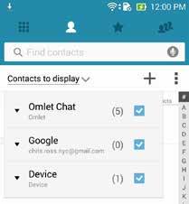 2. Chạm danh sách Contacts to display (Số liên lạc cần hiển thị) sổ xuống để xem các nhóm số liên lạc. 3.