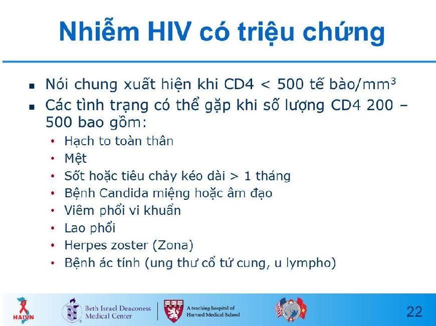 Slide 22 GIẢI THÍCH rằng những bệnh nhân có CD4<500 có thể xuất hiện triệu chứng liên quan đến nhiễm HIV.