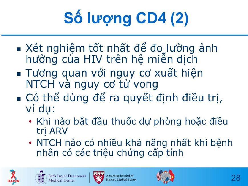 Slide 28 GIẢI THÍCH rằng số lượng CD4 là xét nghiệm chính xác nhất để tiên đoán tiến triển bệnh và nguy cơ NTCH.